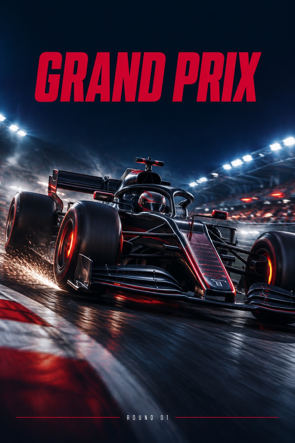 F1 赛车竖版海报出图示例：低角度过弯瞬间，底板擦出火花